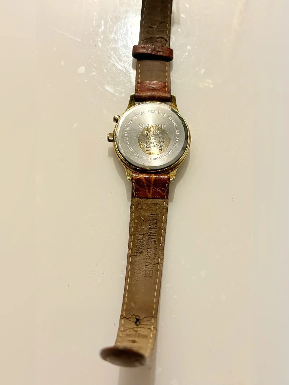 SHARP Opti-Glo Quartz 100ft WR Gold Tone SS Brown Leather White Dial Watch